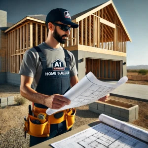 A1 Home Builder contractor and van at a modern custom home construction site in Lancaster, California